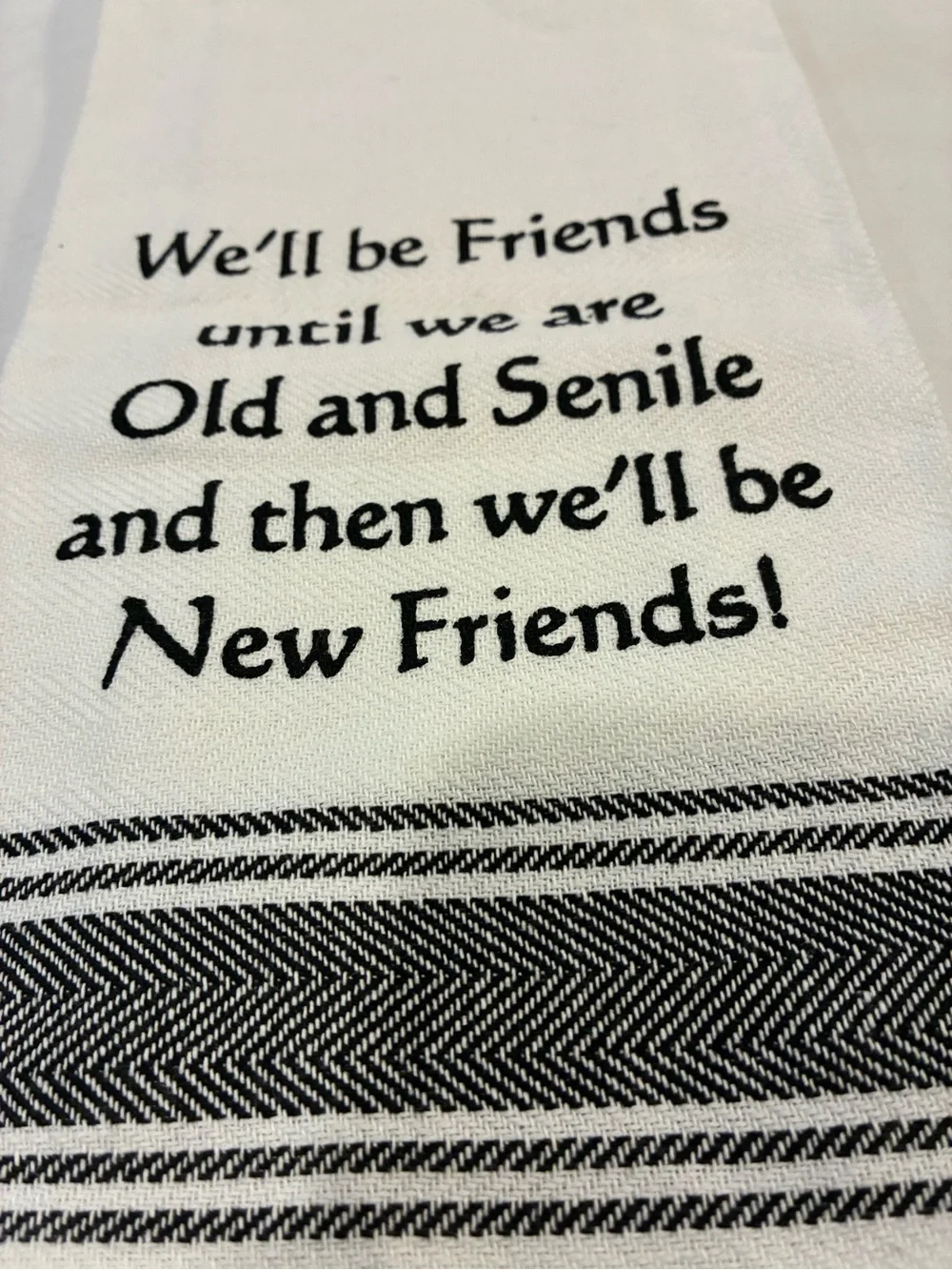 Novelty Tea Towel W/ Black Text Multi Stripe Detail 100% Cotton NEW W/ Tags